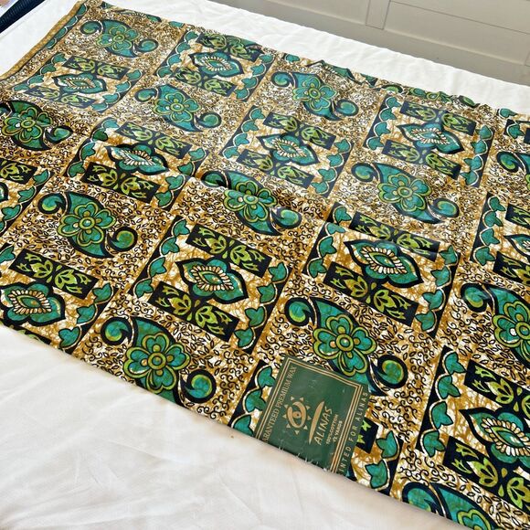 Alinas African Wax Block Print Fabric Teal Green Brown Floral ~5.5 Yds Cotton - Picture 2 of 6